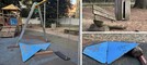 Il parco come appariva ieri, con la "ricostruzione" di una pista sul vialetto e i pezzi mancanti di giochi e panchina
