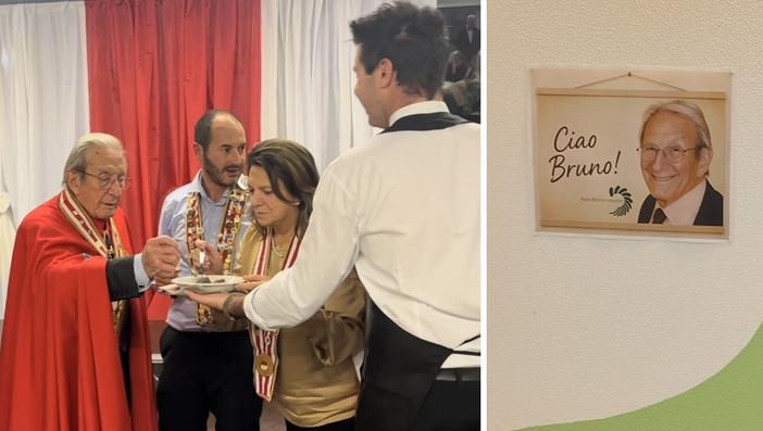 Bruno Ceccuzzi col mantello del Magistero dei Bruscitti e il saluto all'ingresso dell'Aias Bruno Ceccuzzi col mantello del Magistero dei Bruscitti e il saluto all'ingresso dell'Aias