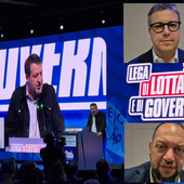 Salvini sul palco dopo la vittoria del congresso. Nei riquadri, Cassani (in alto) e Reto Salvini sul palco dopo la vittoria del congresso. Nei riquadri, Cassani (in alto) e Reto