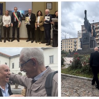 Federico, discendente di Enrico Dell'Acqua, in municipio, alla stazione e sotto in un abbraccio spontaneo con il Tarlisu