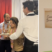 Bruno Ceccuzzi col mantello del Magistero dei Bruscitti e il saluto all'ingresso dell'Aias Bruno Ceccuzzi col mantello del Magistero dei Bruscitti e il saluto all'ingresso dell'Aias