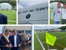Claudio Milanese, patron della Solbiatese, all'inaugurazione del nuovo centro sportivo di Solbiate Arno, il taglio del nastro con il sindaco Battiston e il vice presidente del consiglio regionale Cosentino, i giocatori della Solbiatese Scapinello, Mondoni e Torraco sui nuovi campi e il pallone con i 3 campi da padel