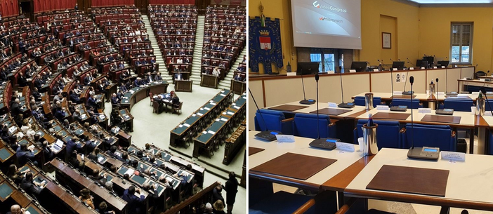 Da sinistra, l'aula di Montecitorio e la sala consiliare di Palazzo Gilardoni a Busto