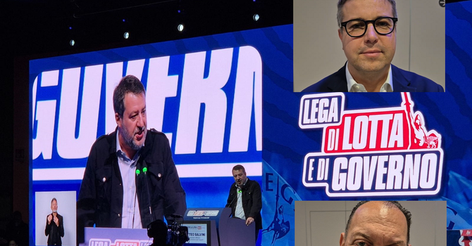 Salvini sul palco dopo la vittoria del congresso. Nei riquadri, Cassani (in alto) e Reto