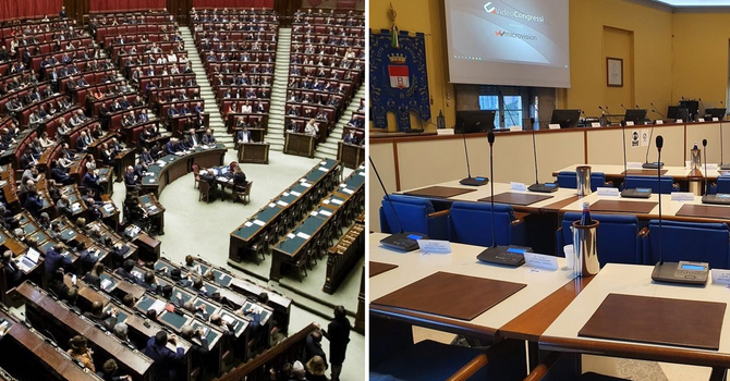 Da sinistra, l'aula di Montecitorio e la sala consiliare di Palazzo Gilardoni a Busto Da sinistra, l'aula di Montecitorio e la sala consiliare di Palazzo Gilardoni a Busto