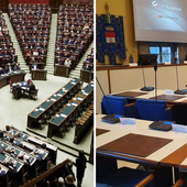 Da sinistra, l'aula di Montecitorio e la sala consiliare di Palazzo Gilardoni a Busto