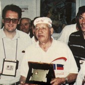 Una foto mitica: Castellano con Bartali e Moser, accanto a Pinuccio Asta nel 1991: tratta dal libro sul Giro d'Italia del Comune di Busto