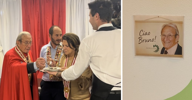 Bruno Ceccuzzi col mantello del Magistero dei Bruscitti e il saluto all'ingresso dell'Aias Bruno Ceccuzzi col mantello del Magistero dei Bruscitti e il saluto all'ingresso dell'Aias