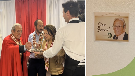 Bruno Ceccuzzi col mantello del Magistero dei Bruscitti e il saluto all'ingresso dell'Aias