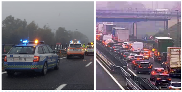 A sinistra: i soccorsi ad Origgio. A destra: auto in coda a Castronno