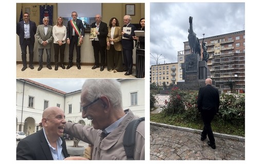 Federico, discendente di Enrico Dell'Acqua, in municipio, alla stazione e sotto in un abbraccio spontaneo con il Tarlisu Federico, discendente di Enrico Dell'Acqua, in municipio, alla stazione e sotto in un abbraccio spontaneo con il Tarlisu