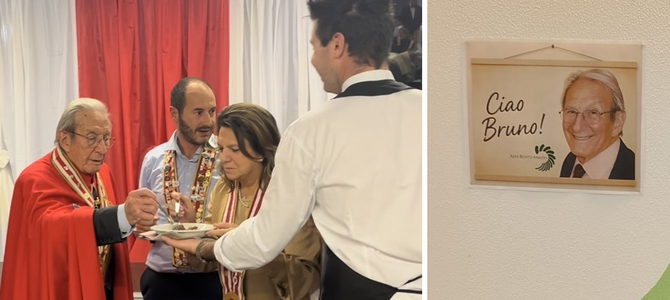 Bruno Ceccuzzi col mantello del Magistero dei Bruscitti e il saluto all'ingresso dell'Aias