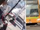 A sinistra: l'uomo che urina seduto sulla panchina in via Casula. A destra: la persona a terra che blocca l'autobus in via Morosini