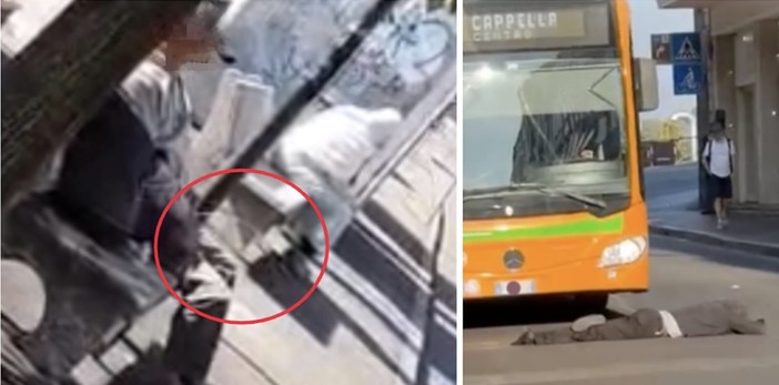 A sinistra: l'uomo che urina seduto sulla panchina in via Casula. A destra: la persona a terra che blocca l'autobus in via Morosini