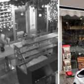 A sinistra: il ladro mentre si cala dalla finestrella. A destra: l'ingresso del pastificio &quot;Mani in Pasta&quot;