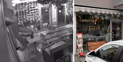 A sinistra: il ladro mentre si cala dalla finestrella. A destra: l'ingresso del pastificio &quot;Mani in Pasta&quot;