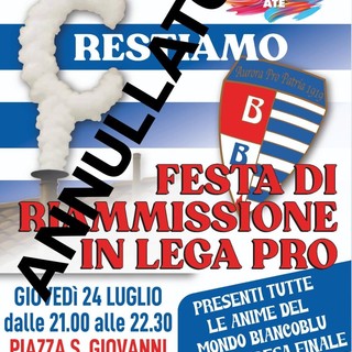 Pro Patria, la festa per la riammissione in piazza rinviata