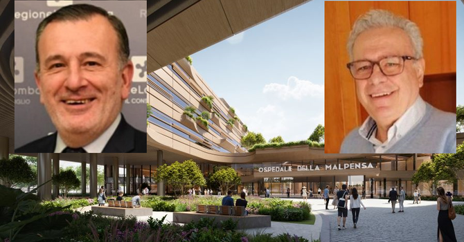 Il render del Grande Ospedale della Malpensa. Nei riquadri, Ferrazzi (a sinistra) e Maggioni Il render del Grande Ospedale della Malpensa. Nei riquadri, Ferrazzi (a sinistra) e Maggioni