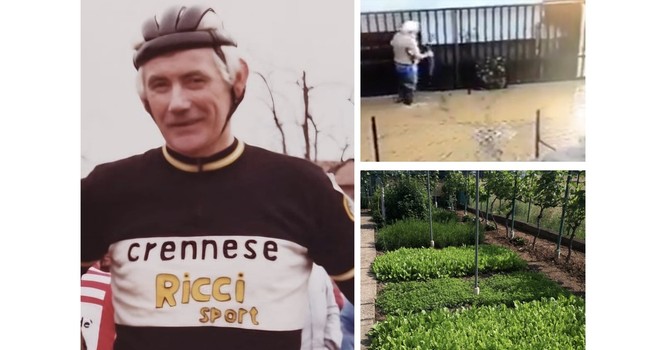 Luigi con i colori della sua Crennese, nel pieno dell'alluvione del 1998 e poi il suo orto magico