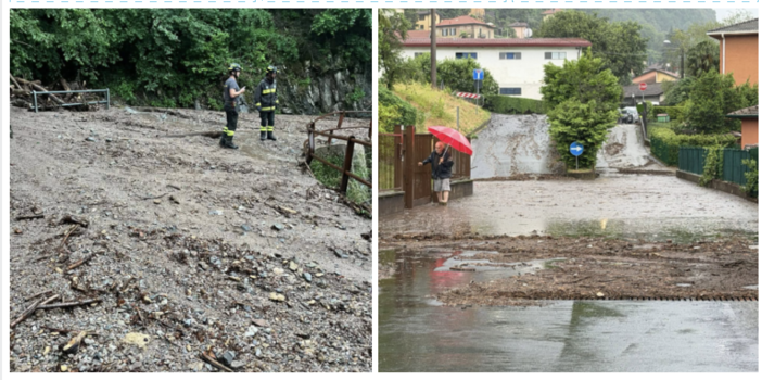 A sinistra: lo smottamento sulla Sp8 a Cittiglio. A destra: allagamenti in via Monteggia a Laveno (entrambe le foto dalla pagina "Laveno Mombello e dintorni" A sinistra: lo smottamento sulla Sp8 a Cittiglio. A destra: allagamenti in via Monteggia a Laveno (entrambe le foto dalla pagina "Laveno Mombello e dintorni"
