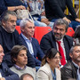Da sinistra l'assessore allo Sport e il sindaco di Varese, Stefano Malerba e Davide Galimberti, accanto a Giuseppe Pirola per assistere a Busto alla prima partita di campionato dell'Uyba contro Conegliano. Sotto Galimberti con il vice sindaco bustocco Luca Folegani e, poi, anche con l'assessore Manuela Maffioli (Foto Galbiati)