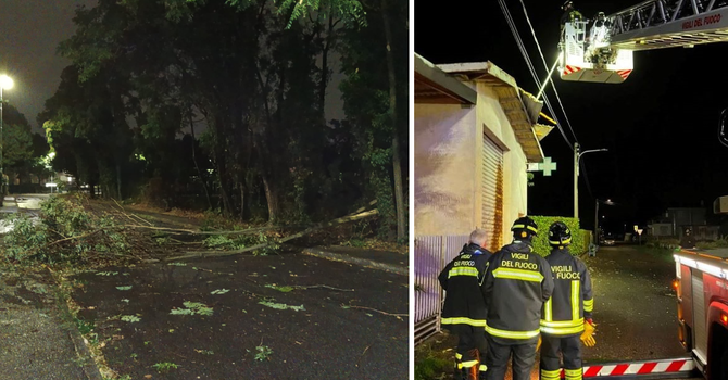 Un albero caduto a Busto Arsizio e Vigili del fuoco al lavoro nella notte a Samarate (foto dalla pagina Facebook del Comune)