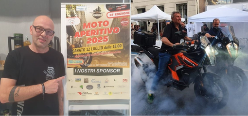 Luca Turconi e un'immagine dell'edizione 2024 del Motoaperitivo