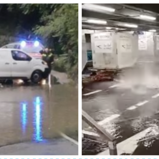 A destra: allagamenti nell'alto Varesotto. A sinistra: un tombino saltato a Malpensa
