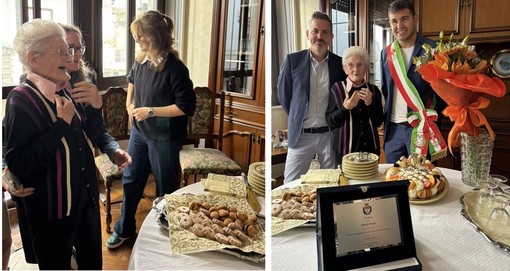Maria Pozzi festeggiata in famiglia e con il vicesindaco Folegani e il consigliere Geminiani Maria Pozzi festeggiata in famiglia e con il vicesindaco Folegani e il consigliere Geminiani