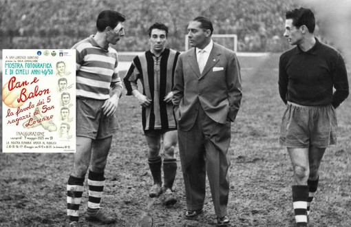 Una delle fotografie della mostra: qui ricorda il Bustocco.it era Inter-Pro Patria ed ecco Memo Toros a sinistra, Lorenzi al centro, Meazza allenatore biancoblu, a destra Uboldi