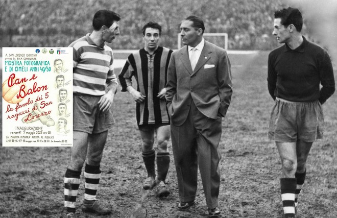 Una delle fotografie della mostra: qui ricorda il Bustocco.it era Inter-Pro Patria ed ecco Memo Toros a sinistra, Lorenzi al centro, Meazza allenatore biancoblu, a destra Uboldi