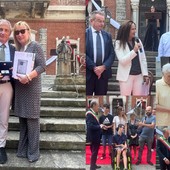 A sinistra Riccardo e Paola Comerio; a destra in alto Mauro e Cinzia Ghisellini con Antonio Tosi, sotto Maria Iannone e ancora Silvana Marangoni e i ragazzi dell'Isis