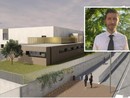 Rendering del palazzetto dello sport, nel riquadro Massimo Gnocchi Rendering del palazzetto dello sport, nel riquadro Massimo Gnocchi