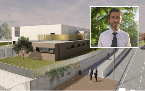 Rendering del palazzetto dello sport, nel riquadro Massimo Gnocchi