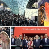 In senso orario, la folla pronta a entrare alle 9.30, Marva Griffin e Maria Porro con la stampa estera, il taglio del nastro (copyright Salone del Mobile) e Giorgia Meloni con Porro (foto cortesia FederlegnoArredo)