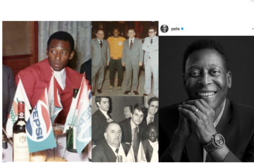 Pelé e la giacca rossa, con Peppino e Adriano Mancini e sotto anche con il giornalista Romussi. A lato il post di addio su Instagram