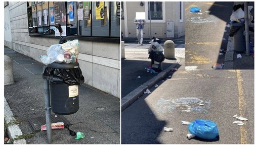 A sinistra l'area del cestino oggi, a destra due immagini del giugno 2024