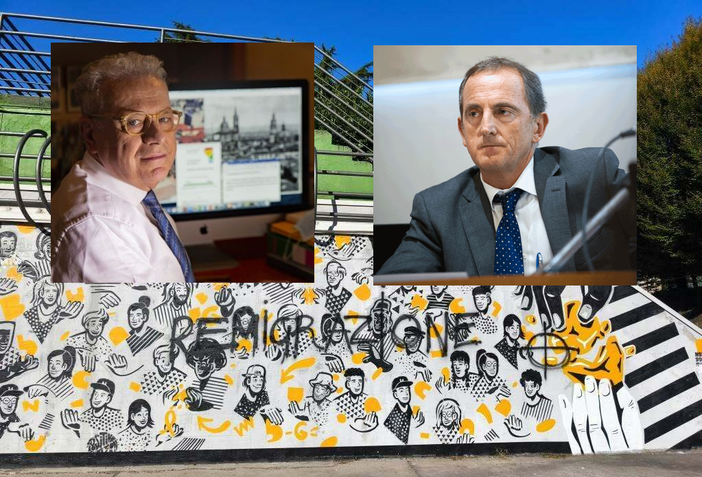 Il murale sfregiato. Nei riquadri, Maurizio Maggioni (a sinistra) ed Emanuele Antonelli Il murale sfregiato. Nei riquadri, Maurizio Maggioni (a sinistra) ed Emanuele Antonelli