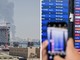 La foto del fumo sopra Dubai dalla nave e a lato un'immagine Adnkronos in aeroporto
