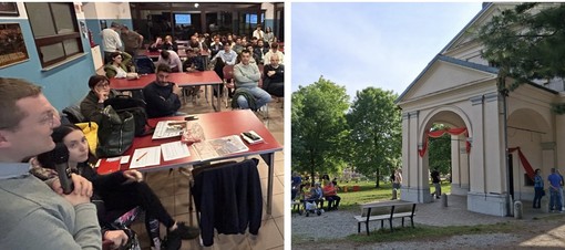 Il gruppo della fiaccola votiva con don Paolo e la chiesa di Madonna in Campagna