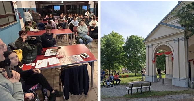 Il gruppo della fiaccola votiva con don Paolo e la chiesa di Madonna in Campagna