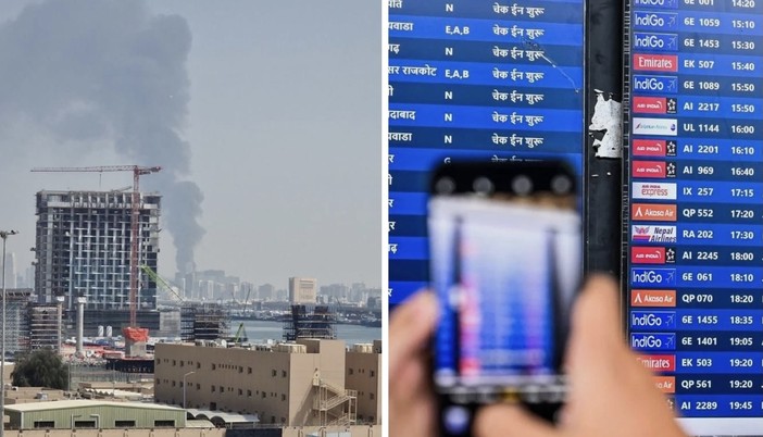 La foto del fumo sopra Dubai dalla nave e a lato un'immagine Adnkronos in aeroporto La foto del fumo sopra Dubai dalla nave e a lato un'immagine Adnkronos in aeroporto