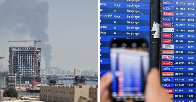 La foto del fumo sopra Dubai dalla nave e a lato un'immagine Adnkronos in aeroporto La foto del fumo sopra Dubai dalla nave e a lato un'immagine Adnkronos in aeroporto