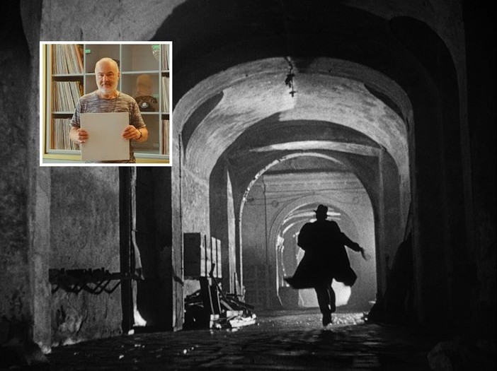 Il terzo uomo, fotogramma del cupo capolavoro girato a Vienna. Nel riquadro, Paolo Castelli nella fonoteca - Hotel Josefine