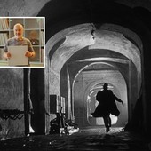 Il terzo uomo, fotogramma del cupo capolavoro girato a Vienna. Nel riquadro, Paolo Castelli nella fonoteca - Hotel Josefine Il terzo uomo, fotogramma del cupo capolavoro girato a Vienna. Nel riquadro, Paolo Castelli nella fonoteca - Hotel Josefine