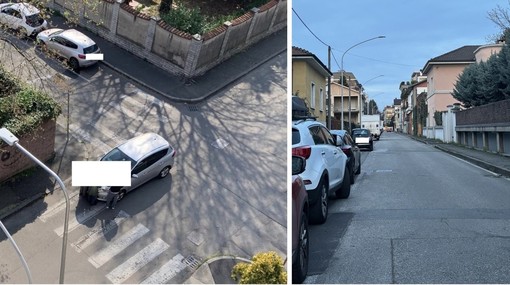 Un'auto coinvolta nell'incidente di oggi e a lato uno scorcio di via Orazio