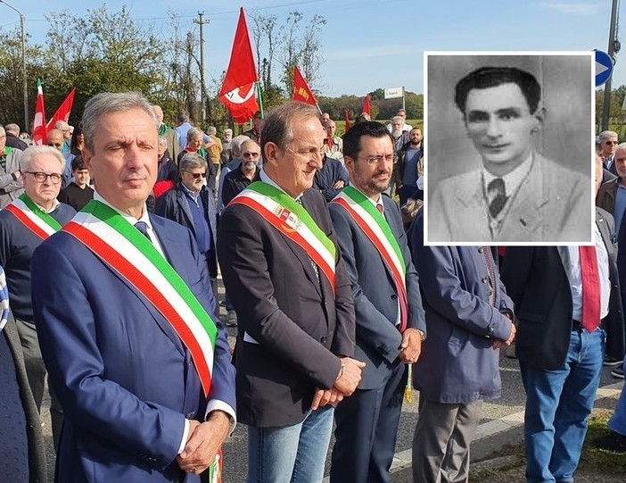 I sindaci di Cassano Magnago, Busto Arsizio e Legnano a una commemorazione di Mauro Venegoni (nel riquadro)