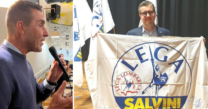 Andrea Cassani con la bandiera della Lega e Roberto Vannacci