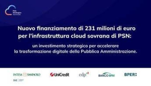 Polo strategico nazionale: 231 mln di euro da Intesa, Unicredit, Cdp, Bper e Banco Bpm Polo strategico nazionale: 231 mln di euro da Intesa, Unicredit, Cdp, Bper e Banco Bpm