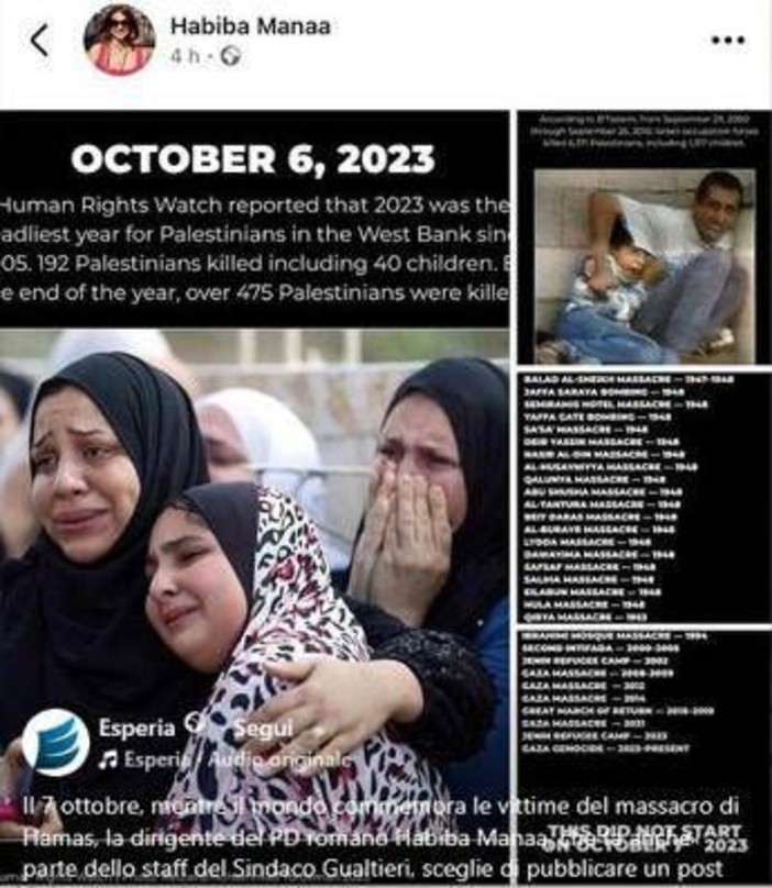 7 ottobre, Esperia: "Mentre si commemora il massacro di Hamas, una componente del Pd romano e dello staff di Gualtieri attacca Israele sui social" 7 ottobre, Esperia: "Mentre si commemora il massacro di Hamas, una componente del Pd romano e dello staff di Gualtieri attacca Israele sui social"